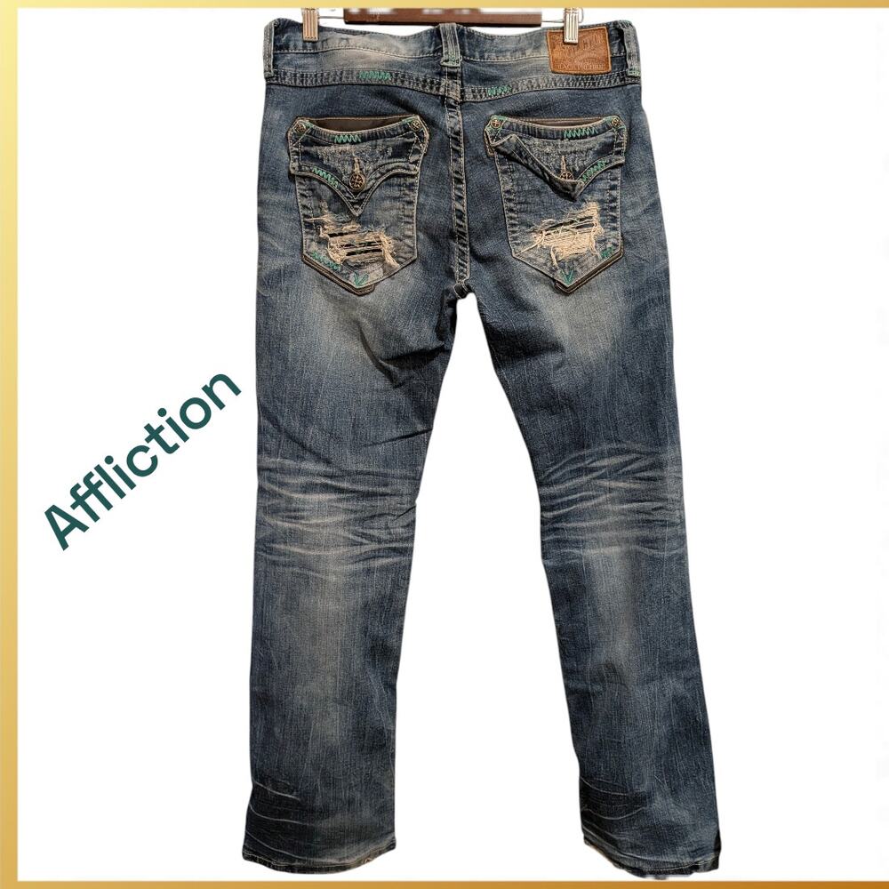 AFFLICTION Ace Slim Straight Blue Jeans Men's 33 Denim Distressed Flap Pockets